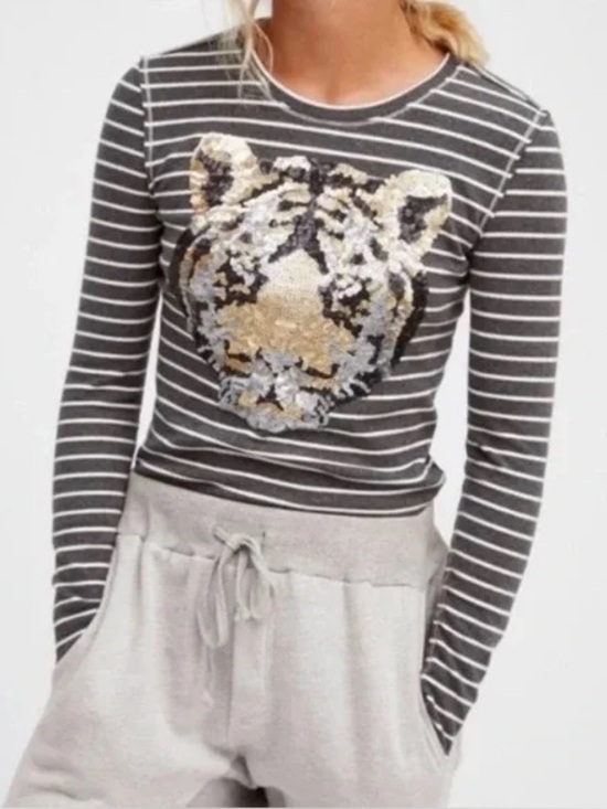 We The Free Tops - WE THE FREE PEOPLE Tiger Sequin Stripe Long Sleeve Top Stretch Tattoo Jungle